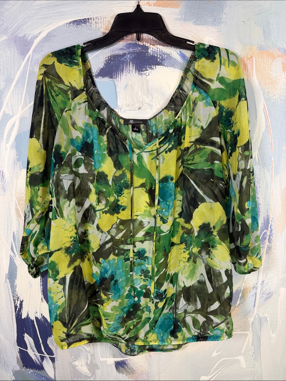 AB Studio Green Floral Blouse Scoop Neck Notched V Long Sleeve Top L Boho